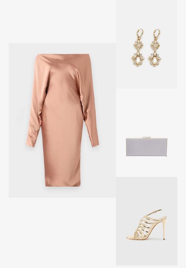 Béžové saténové šaty s off-the-shoulder dizajnom, dlhými rukávmi a rovnými strihmi, s hladkou textúrou a minimálnym zdobením.; Zlatá metalická sandále na vysokom podpätku s otvorenou špičkou, ktorá má krížové pásiky a dizajn s remienkom okolo päty. Hladká textúra s lesklým povrchom.; Obdĺžniková levanduľová kabelka vyrobená z textúrovaného materiálu s hladkými hranami. Obsahuje strieborné zapínanie na klip na vrchu.; Zlaté visiace náušnice s dizajnom zhlukovania, obsahujúce okrúhle a slzovité priehľadné kryštály, ktoré predvádzajú precízne detaily.