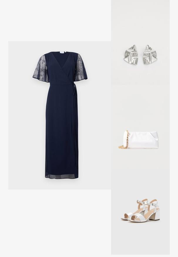 Φόρεμα navy blue με ντεκολτέ V και ημιδιαφάνειες δαντελένιες φαρδιές μανσέτες, δεμένο στη μέση, με μήκος έως το πάτωμα, από κομψό και ελαφρύ ύφασμα.; Ασημένιες σανδάλες με ψηλό τακούνι και ανοιχτές μύτες, με δύο φαρδιές λωρίδες και στρογγυλό τετράγωνο τακούνι. Λείο υλικό με μεταλλική κα finition.; Λευκό μαλακό τσαντάκι χειρός με χρυσή αλυσίδα, διακοσμημένο με διαφανείς πολύτιμους λίθους, τοποθετημένο σε απλό ανοιχτό γκρι φόντο.; Ασημένια σκουλαρίκια με κυματιστό, γλυπτικό σχέδιο που διαθέτουν γυαλιστερή φινίρισμα και ακανόνιστα σχήματα, αναδεικνύοντας μια σύγχρονη αισθητική.