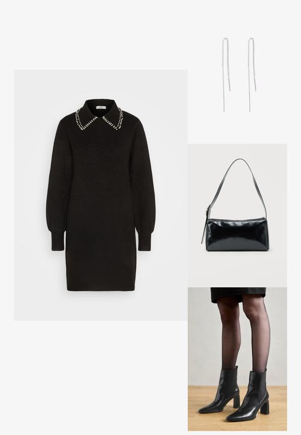 Sort sweaterkjole med krave, prydet med perleaccents langs kraven. Lange pufærmer og ribbede manchetter. Blød tekstur.; Sorte læderankelstøvler med spids tå, kraftig firkantet hæl og slankt design. Har elastiske sidepaneler for nem påtagning.; Sort rektangulær skuldertaske med en enkelt justerbar rem og lynlås i toppen på en ensfarvet baggrund.; Sølv kædeøreringe med forlænget design, der har en delikat kæde og lige, tynde pendanter i enderne. Glat tekstur.