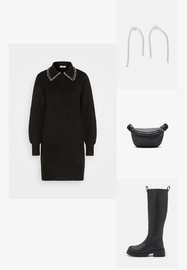 Zwart trui-jurk met een kraag, versierd met parelaccenten langs de kraag. Lange puffmouwen en geribbelde manchetten. Zachte textuur.; Zwarte kniehoge laars van soepel leer met een chunky zool en een lichte hak. Voorzien van trekbanden en elastische zijpanelen voor gemakkelijk aan- en uittrekken.; Zwarte handtas met een gladde leren bovenkant en een gestructureerde basis bedekt met zilveren studs, voorzien van een ritsluiting en dubbele handvatten.; Zilveren oorbellen met hangende kettingen, voorzien van meerdere heldere edelstenen die in een lineair patroon zijn gerangschikt, wat een schitterend effect geeft.