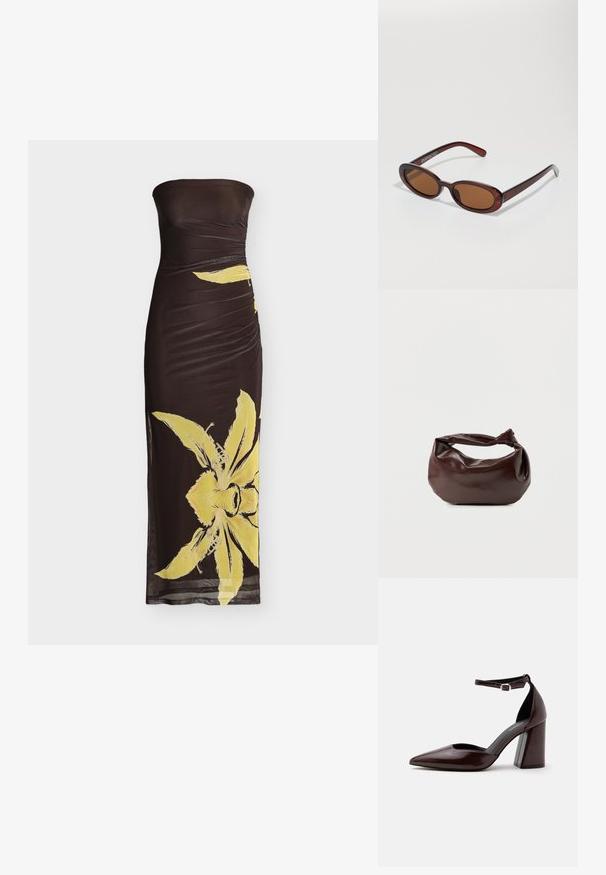 Robe longue noire bustier froncée avec un grand imprimé floral jaune sur la moitié inférieure et un ourlet légèrement transparent.; Chaussure à talon haut en cuir marron foncé à bout pointu, avec bride à la cheville et boucle argentée sur fond blanc.; Lunettes de soleil rondes teinte brun avec une monture bordeaux brillante. Branches fines avec un détail de marque subtil. Design de verres plats.; Sac bandoulière en cuir marron foncé avec une forme souple et décontractée et une anse nouée torsadée sur un fond blanc uni.