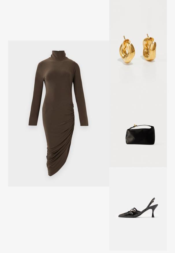 Langærmet turtleneck kjole i mørkebrun, lavet af glat stof, med sidelæggedetaljer og en asymmetrisk kant.; ALOHAS JOELLE ONIX - Pumps - black; Sort satinpung med en afrundet form, et håndtag i toppen og en guldaccentlås. Glat tekstur med et minimalistisk design.; Chunky guld hoop øreringe med et let snoet, rørformet design og postsystem bagpå, på en hvid baggrund.