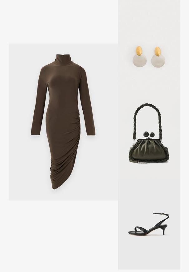 Langemouwen, coltrui jurk in donkerbruin, gemaakt van gladde stof, met ruches aan de zijkant en een asymmetrische zoom.; Zwarte leren dames sandaal met dunne bandjes, een teengreep, een enkelgesp en een stilettohak van gemiddelde hoogte op een neutrale achtergrond.; Olijfgroene leren handtas met gevlochten handvat en zilverkleurige accenten, voorzien van een geplooid ontwerp en ronde sluitdetails aan de bovenkant.; Gouden en zilveren metalen oorbellen met een ronde schijfbasis en een ovale bovenstuk, gladde textuur en gepolijste afwerking.
