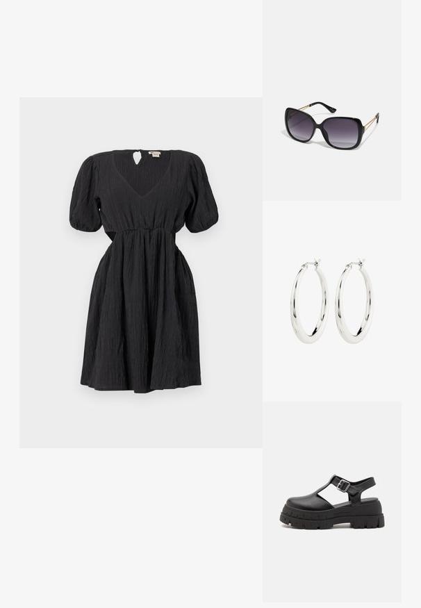 Vestido negro con mangas abullonadas, escote en forma de "v" y una tela texturizada. Cuenta con una pretina y un detalle de ojal en la parte posterior. Largo corto.; Sandalias de plataforma negras hechas de material sintético liso, con punta abierta, diseño recortado, hebilla ajustable y suela gruesa y texturizada.; Gafas de sol negras de gran tamaño con lentes degradados, montura gruesa y detalles de cadena en tono dorado en las patillas.; Pendientes de aro de plata con un acabado suave y brillante. Forma circular, con un cierre seguro. Diseño sencillo y elegante.
