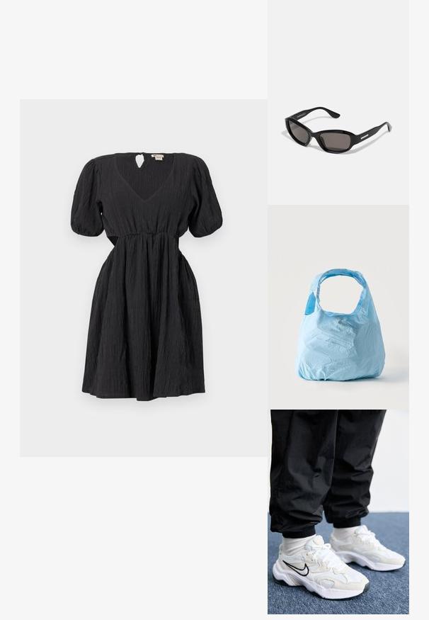 Vestido negro con mangas abullonadas, escote en forma de "v" y una tela texturizada. Cuenta con una pretina y un detalle de ojal en la parte posterior. Largo corto.; Zapatillas deportivas blancas y de un gris claro con un upper texturizado, suela gruesa y logo Swoosh negro. Combinadas con pantalones jogger negros y calcetines blancos.; Gafas de sol negras con montura rectangular, lentes oscuros, material de plástico suave y un acento metálico en la patilla.; Bolsa de compra reutilizable de color azul claro con asas anchas, tela ligeramente arrugada, de pie sobre un fondo blanco liso.