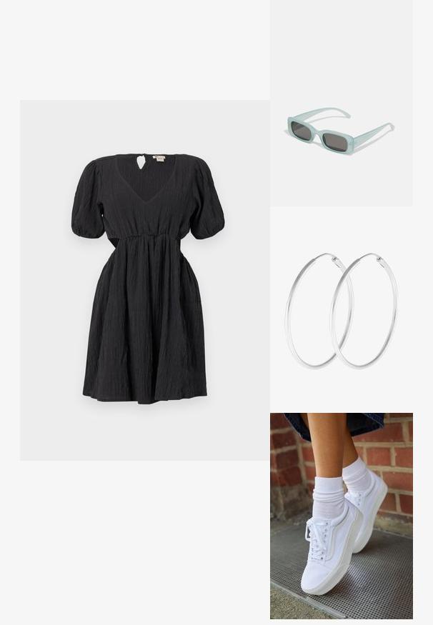 Zwarte jurk met pofmouwen, v-hals en een gestructureerde stof. Heeft een tailleband en een sleutelgatdetail aan de achterkant. Korte lengte.; Witte canvas sneakers met rubberen zolen, voorzien van zes vetertjes, een ronde neus en lichte stikdetails, gecombineerd met witte enkelsokken.; Een paar rechthoekige zonnebrillen met lichtblauwe doorzichtige monturen en donkergrijze glazen, met rechte pootjes en minimale hardwaredetails.; Zilverkleurige oorringen met een gladde, ronde vorm en een gepolijste afwerking. Beide oorbellen zijn van dezelfde grootte en hebben een veilige sluitmechanisme.