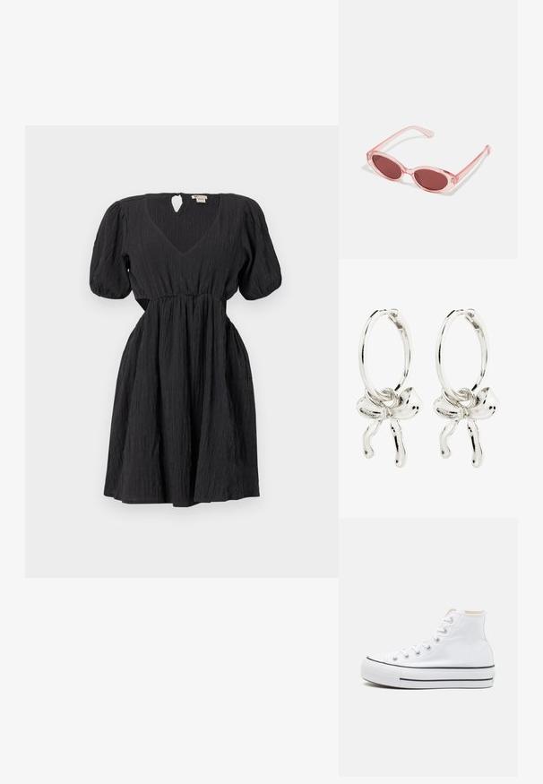 Schwarzes Kleid mit Puffärmeln, V-Ausschnitt und einem strukturierten Stoff. Verfügt über einen Taillengürtel und ein Schlüsselaugen-Detail am Rücken. Kurze Länge.; Weiße High-Top-Sneaker aus einem Material aus Segeltuch, mit schwarzer Gummisohle und kontrastierendem schwarzen Streifen auf der Zwischensohle. Runde Zehenkappe und Schnürdesign.; Pink transparente Sonnenbrille mit ovalen Gläsern, dunkler roter Tönung und schlanken Bügeln, ausgestattet mit einer glatten Oberfläche und dezenten Details am Rahmen.; Silberne Creolen mit einem Bogen-Detail in der Mitte, die eine polierte Oberfläche und eine glatte Textur präsentieren.