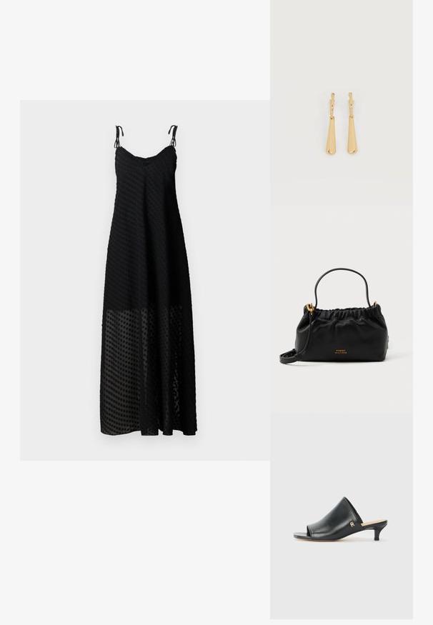 Vestido maxi negro con tirantes finos, que presenta un patrón de lunares texturizado y un panel inferior transparente. Tela ligera, ajuste holgado.; Mules de cuero negro de punta abierta con un tacón bajo. Presentan una superficie lisa y un acento del logo dorado en el costado.; Bolso de piel negra con parte superior fruncida, una asa corta y una correa de hombro removible. Presenta un acento de logo dorado y una textura suave.; Pendientes colgantes en tono dorado con colgantes alargados y suaves en forma de lágrima, colgando de cierres de aros pequeños sobre un fondo blanco.