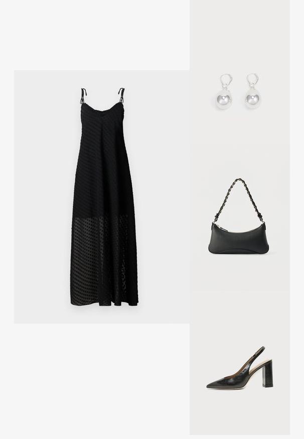 Vestido maxi negro con tirantes finos, que presenta un patrón de lunares texturizado y un panel inferior transparente. Tela ligera, ajuste holgado.; Zapato slingback de piel negra con puntera puntiaguda, tacón alto y ancho, y forro interior beige sobre un fondo claro y liso.; Bolso de hombro de cuero negro con forma rectangular curvada, cadena dorada entrelazada en una correa negra trenzada y cierre superior con cremallera.; Pendientes de plata en forma de gota con superficies redondas y reflectantes colgando de cierres de palanca. El fondo es blanco liso.