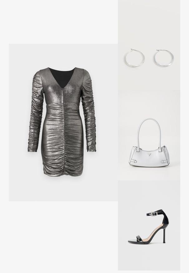 Robe gris métallique avec de longues manches froncées, décolleté en V et détails froncés à la taille. Texture lisse, coupe ajustée et longueur genoux.; Sandale à talon haut en cuir verni noir avec bride à la cheville. Présente un design minimaliste, un bout ouvert et une boucle ornée de strass.; Sac à main argenté avec un design structuré, doté de deux poignées, d'une texture brillante, de quincaillerie accentuée et d'un logo triangulaire sur le devant.; Boucles d’oreilles créoles en métal argenté avec une surface lisse légèrement incurvée et des fermoirs à clapet sur un fond blanc uni.