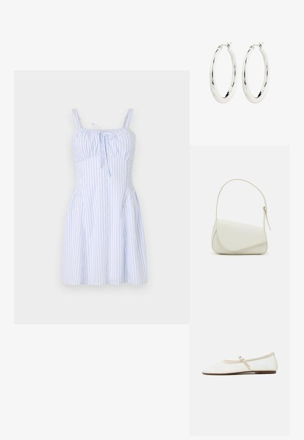 Vestido a rayas en azul claro y blanco, con tirantes finos, un lazo en el escote y botones en la parte delantera. Tejido texturizado con un corsé ajustado.; Zapato plano Mary Jane blanco con puntera puntiaguda, tira delgada ajustable con hebilla plateada y suela marrón sobre fondo blanco.; Bolso de mano de imitación cuero blanco con una forma triangular estructurada, correa ajustable única y cierre con solapa acentuada en curva.; Pendientes de aro de plata con un acabado suave y brillante. Forma circular, con un cierre seguro. Diseño sencillo y elegante.