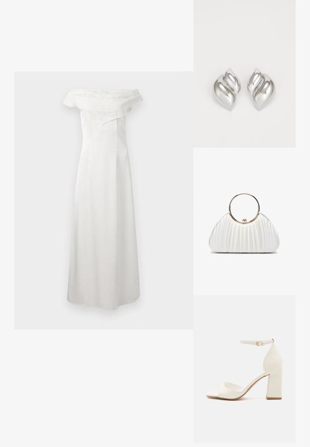 Longue robe blanche bustier avec un détail volant en dentelle sur le haut, tissu lisse et fluide, silhouette droite.; Sandale blanche à talons hauts avec un talon carré, bout ouvert, bride de cheville avec boucle en or et matériau synthétique lisse.; Sac à main plissé blanc avec une poignée circulaire en or, doté d'un tissu doux et d'une forme arrondie. Design élégant avec une finition texturée.; Boucles d'oreilles en argent avec une forme organique et abstraite. Surface lisse et brillante avec un design effilé. Présente des courbes subtiles et un détail central en ligne.