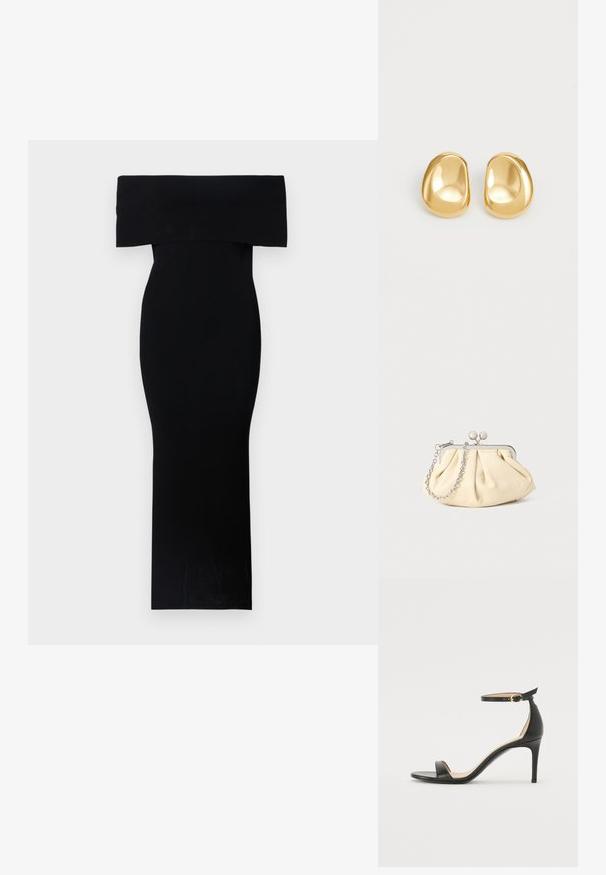 Robe noire ajustée décolletée, réalisée en tissu extensible. Modèle longueur maxi avec une texture lisse et un minimalisme dans les détails.; Sandale à talons hauts en cuir noir avec une lanière de cheville. Présente une texture lisse, un bout ouvert et un talon fin. Détail de boucle en ton doré.; Pochette en cuir beige plissé avec un cadre en métal argenté, dotée de deux fermoirs ronds décoratifs et d'une chaîne en argent.; Boucles d'oreilles en forme de clou de couleur or, avec une forme lisse et arrondie et une surface réfléchissante, mettant en avant un design minimaliste sans motifs visibles.