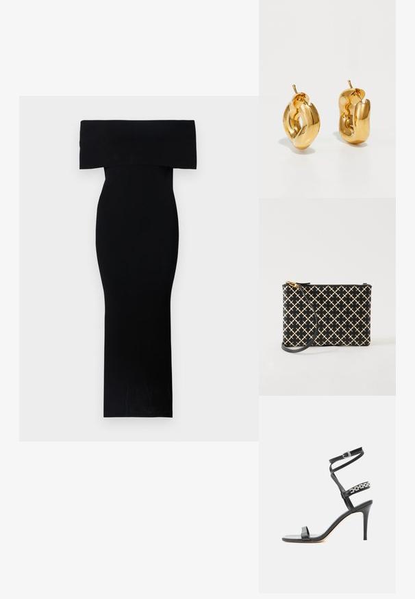 Robe noire ajustée décolletée, réalisée en tissu extensible. Modèle longueur maxi avec une texture lisse et un minimalisme dans les détails.; Sandale noire à talon haut avec fine bride à la cheville, bride médiane décorée de maillons de chaîne argentés, et design à bout ouvert.; Pochette bracelet noire et beige à motifs avec une fermeture éclair dorée et une sangle noire amovible, présentée sur fond blanc.; Boucles d'oreilles créoles en or massif avec un design tubulaire légèrement tordu et des fermoirs à tige sur un fond blanc.