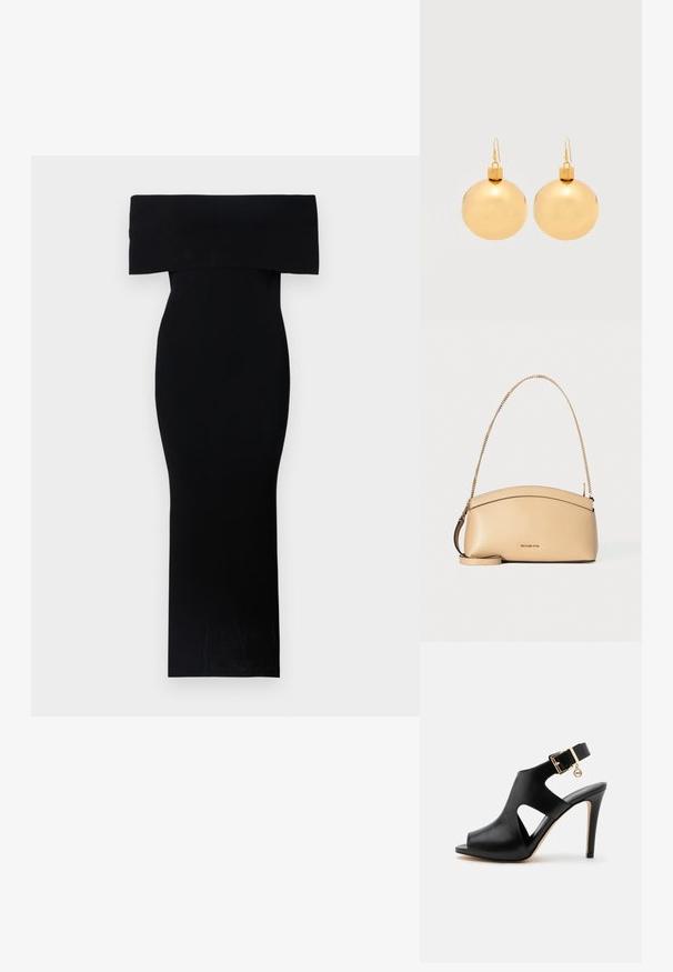 Robe noire ajustée décolletée, réalisée en tissu extensible. Modèle longueur maxi avec une texture lisse et un minimalisme dans les détails.; Sandale noire en cuir à talon haut avec bout ouvert, découpes latérales, bride à la cheville, boucle dorée et petit pendentif rond sur un fond clair.; Sac à main en cuir beige avec bord supérieur incurvé, bandoulière chaîne dorée et petit logo doré centré à l'avant.; Paire de boucles d'oreilles boule de Noël dorées brillantes avec fermoirs à crochet sur fond blanc uni.