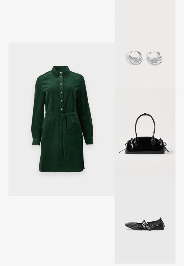 Vestido camisa de pana verde oscuro con manga larga, botones frontales, cuello, dos bolsillos y un cinturón de tela atado en la cintura.; Zapato plano de piel negra con puntera afilada, detalle fruncido alrededor de la abertura y un acento de hebilla plateada en la correa ajustable.; Pequeño bolso negro brillante con dos asas largas y detalles de cordón lateral sobre un fondo claro liso.; Par de pendientes de aro plateados pulidos con diseño de barra curva en capas sobre un fondo claro y liso.