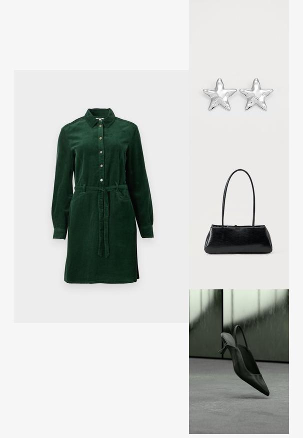Vestido camisa de pana verde oscuro con manga larga, botones frontales, cuello, dos bolsillos y un cinturón de tela atado en la cintura.; Zapato de tacón alto con punta puntiaguda y talón destalonado de cuero negro flotando sobre un suelo alfombrado gris, fondo de pared verdosa borrosa.; Bolso de hombro rectangular negro con correas largas y delgadas y una textura lisa y brillante sobre un fondo liso.; Pendientes en forma de estrella plateada con una superficie pulida y brillante. Cada pendiente presenta cinco puntas y sutiles detalles de textura en la superficie.