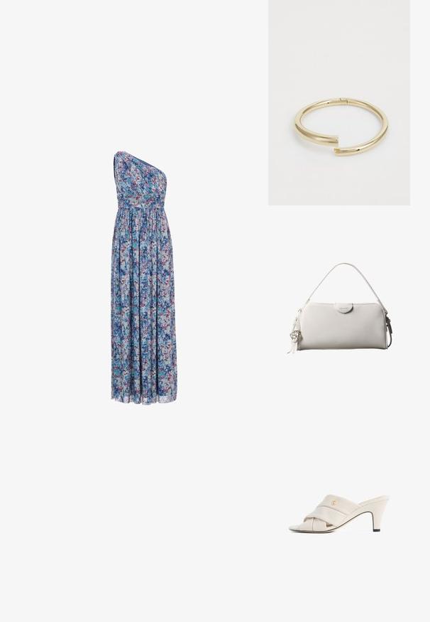 Robe longue à motifs floraux avec un design asymétrique à une épaule, taille élastique, tissu fluide avec des motifs bleus, violets et roses.; Mules à talons hauts beiges avec un design de bride en cuir torsadé, bout ouvert et motif de logo en relief. Le talon présente un détail d'embout noir.; Sac à main rectangulaire blanc Calvin Klein avec une seule poignée, design minimaliste et pampilles décoratives avec un charm métallique géométrique sur le côté.; Calvin Klein SPIRAL - Bracelet - gold-coloured