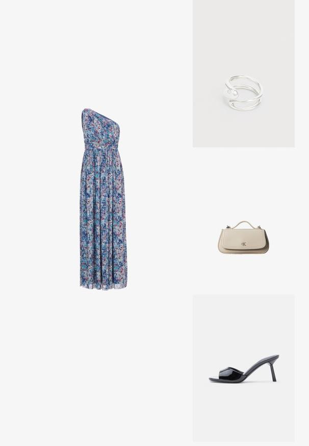 Vestido largo floral con un diseño asimétrico de un solo hombro, cintura elástica y tela fluida con patrones en azul, púrpura y rosa.; Sandalias de tacón con punta abierta de charol negro, con un diseño superior curvado y tacón de aguja cónico. Acabado liso y brillante.; Pequeño bolso de mano de cuero beige con asa superior y logo plateado de CK en la solapa frontal, mostrado sobre un fondo blanco.; Anillo de metal plateado con un diseño retorcido y un acabado suave. El anillo presenta una forma abierta con un acento en espiral y una apariencia minimalista.