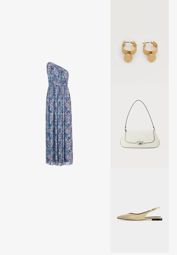 Robe longue à motifs floraux avec un design asymétrique à une épaule, taille élastique, tissu fluide avec des motifs bleus, violets et roses.; Chaussure plate beige à bout pointu avec bride arrière, petit talon noir et finition en cuir lisse, vue de côté sur un fond uni.; Sac à main en cuir blanc avec un design courbé, des coutures noires contrastantes, et un fermoir en métal argenté arborant le logo Calvin Klein.; Paire de boucles d'oreilles créoles dorées avec des pendentifs circulaires plats suspendus à l’intérieur de chaque créole sur fond blanc.