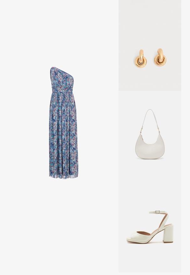 Bloemrijke lange jurk met een asymmetrisch ontwerp met één schouder, elastische taille en vloeiende stof met blauwe, paarse en roze patronen.; Witte open teenhakken met een glanzende afwerking, verstelbare enkelband en een vierkante blokhak. Soepele textuur en minimalistisch ontwerp.; Crème leren schoudertas met een halve maan vorm, dunne schouderband en subtiele stiksels. Minimalistisch ontwerp met gouden hardware accenten.; Set glanzende gouden creolen met dikke ronde schakels op een effen lichtgrijze achtergrond.