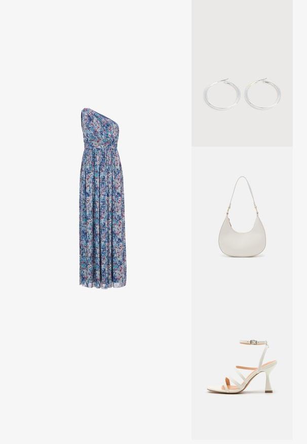 Robe longue à motifs floraux avec un design asymétrique à une épaule, taille élastique, tissu fluide avec des motifs bleus, violets et roses.; Sandale à talons hauts blanche à lanières avec une boucle à la cheville, texture lisse, bout carré et talon sculpté. Semelle intérieure beige clair.; Sac épaule en cuir crème en forme de croissant, avec une fine sangle et des détails de coutures subtils. Design minimaliste avec des accents en métal doré.; Paire de boucles d'oreilles créoles argentées brillantes avec fermoirs en fil fin, présentée sur un fond gris clair.