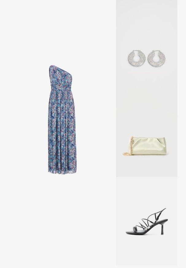 Bloemrijke lange jurk met een asymmetrisch ontwerp met één schouder, elastische taille en vloeiende stof met blauwe, paarse en roze patronen.; Zwarte high-heel sandaal met dunne gebogen bandjes, zilveren accenten en een verstelbare enkelgesp op een witte achtergrond.; Zacht lichtgroene satin clutch tas met gouden en kristallen kettingriem, rechthoekige vorm met zachte plooien op een effen achtergrond.; Zilveren hoepeloorbellen versierd met meerdere heldere kristalaccenten, met een gestructureerd oppervlak en een open cirkelvormig ontwerp.