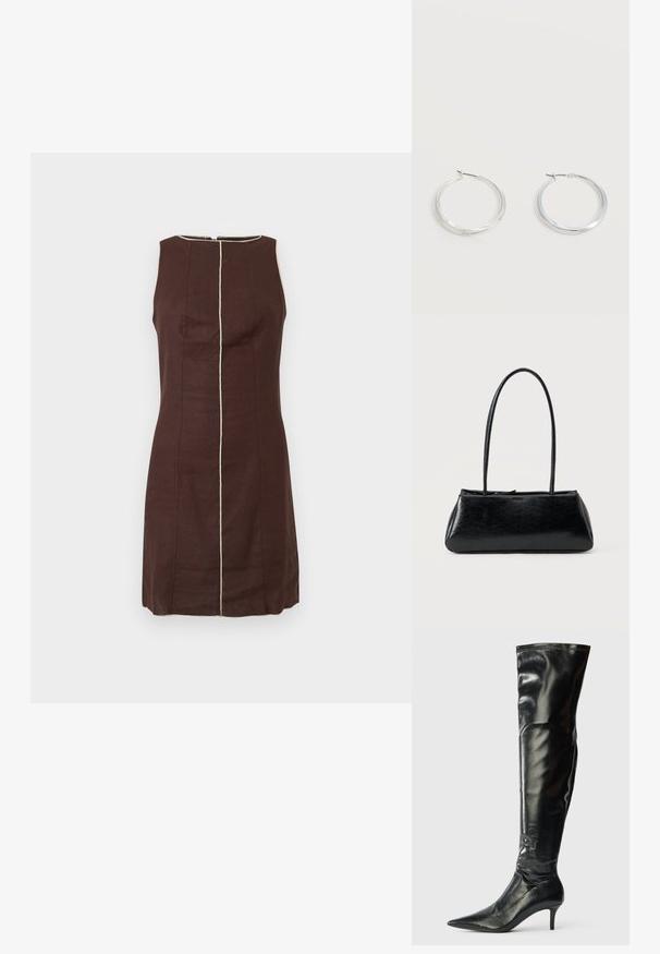 Robe marron foncé sans manches avec des détails de couture verticale beige au centre et autour de l'encolure ronde.; Bottes en cuir noir montantes, avec une finition brillante, un bout pointu et un talon aiguille mince. Présentent un haut ajusté avec des détails de couture.; Sac à épaule rectangulaire noir avec de longues bretelles fines et une texture lisse et brillante sur un fond uni.; Boucles d’oreilles créoles en métal argenté avec une surface lisse légèrement incurvée et des fermoirs à clapet sur un fond blanc uni.