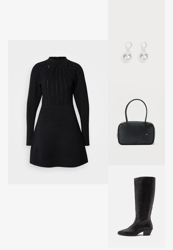 Robe noire avec un corsage ajusté à rayures verticales, un col haut, des manches longues et une jupe évasée. Texture unie, détails minimalistes.; Botte en cuir noire mi-mollet avec un bout pointu et un talon bas incliné sur un fond clair uni.; Sac à main rectangulaire noir avec doubles poignées arrondies, fermeture éclair dorée et logo "HUGO" embossé sur le devant avec une étiquette en cuir attachée.; Boucles d'oreilles en argent en forme de goutte avec des surfaces lisses, rondes et réfléchissantes, suspendues à des fermoirs à ressort. L'arrière-plan est blanc uni.