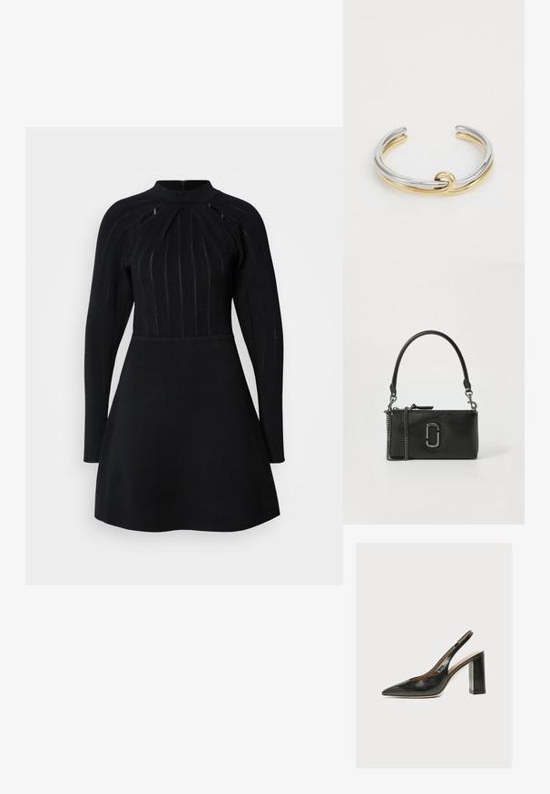 Robe noire avec un corsage ajusté à rayures verticales, un col haut, des manches longues et une jupe évasée. Texture unie, détails minimalistes.; Chaussure slingback femme en cuir noir avec bout pointu et talon bloc épais et haut sur fond blanc.; Sac à main en cuir noir avec une texture lisse, doté d'une fermeture zippée, d'une chaîne amovible et d'un accent logo métallique proéminent.; Bracelet en métal avec des bandes entrelacées en argent et en or, finition lisse et polie. Détail de nœud notable au centre.