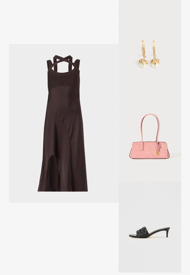 Donkerbruine mouwloze midi-jurk met asymmetrische zoom en gekruiste banden aan de achterkant, op een effen lichte achtergrond.; Zwarte sandalen met hakken, met een geweven textuur op het bovenwerk, open teen ontwerp en een slanke hoge hak. Voorzien van een glad leren voetbed.; Roze suède handtas met lange handgrepen en gouden "MK" bedel, rechthoekige vorm, Michael Kors branding middenvoor.; Gouden oorringen met hangende witte parels omhuld met goud en kleine heldere kristallen op een effen lichte achtergrond.