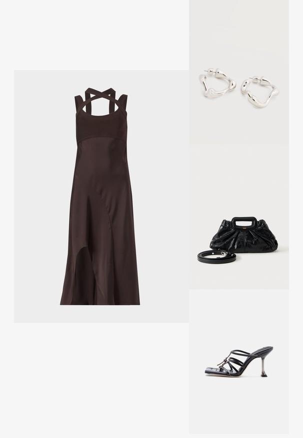 Vestido midi sin mangas de color marrón oscuro con dobladillo asimétrico y tirantes cruzados en la parte trasera sobre un fondo claro y liso.; Sandalia negra de tacón alto con tiras, punta cuadrada y tacón de aguja delgado, con tiras superpuestas y un detalle anudado en la parte superior.; Bolso pequeño de cuero negro con textura fruncida, asa rectangular y correa de hombro delgada y desmontable colocada al lado.; Pendientes de aro de forma irregular en tono plateado con cierre de poste sobre una superficie blanca lisa.