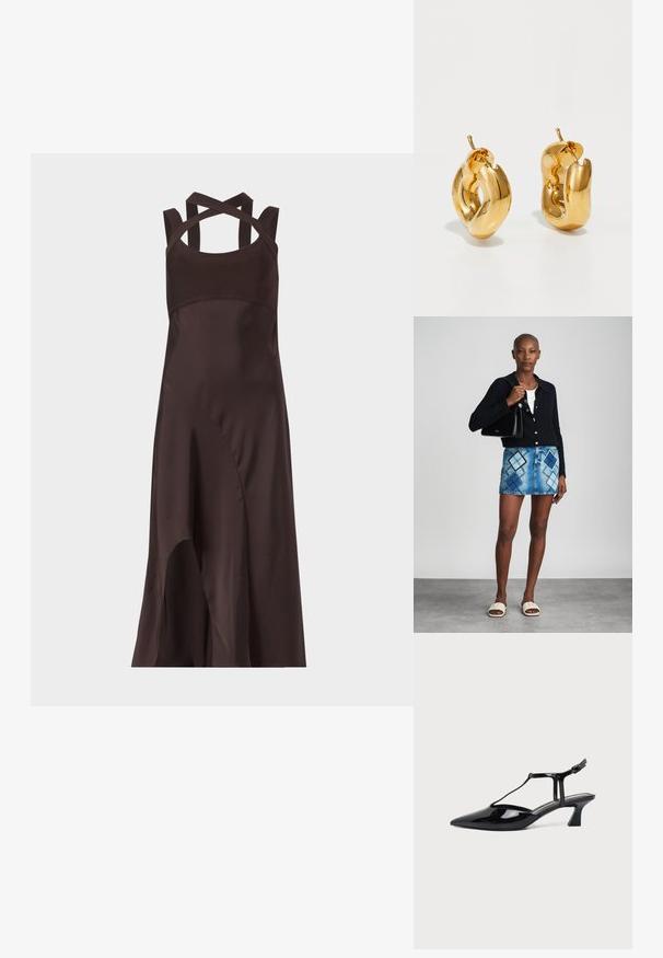 Robe midi sans manches marron foncé avec ourlet asymétrique et bretelles croisées dans le dos sur un fond uni clair.; Chaussure slingback en cuir verni noir à bout pointu avec bride en T et petit talon bloc incliné sur fond blanc.; Un cardigan en maille noir, un haut blanc, une jupe en denim avec un motif de diamants bleus et noirs, un sac à main noir et des sandales à enfiler beiges.; Boucles d'oreilles créoles en or massif avec un design tubulaire légèrement tordu et des fermoirs à tige sur un fond blanc.