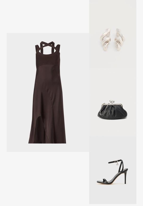 Robe midi sans manches marron foncé avec ourlet asymétrique et bretelles croisées dans le dos sur un fond uni clair.; Sandale à talon haut noire avec une bride étroite à la cheville, bout carré, cuir lisse et accent de boucle métallique.; Porte-monnaie en cuir noir avec texture froncée, cadre en métal argenté, fermeture à verrouillage kiss-lock et bandoulière en chaîne. Surface lisse et douce.; Boucles d'oreilles clips en métal argenté torsadé avec une finition lisse et brillante, présentant un design moderne et abstrait en spirale.