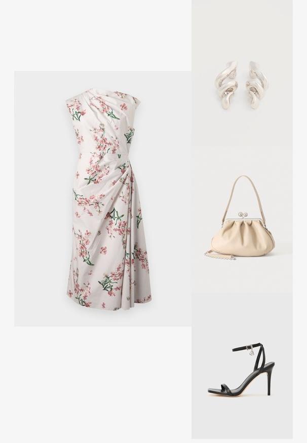 Λευκό μίντι φόρεμα χωρίς μανίκια με ροζ floral μοτίβο και ρεβέρ που μαζεύει στη μία πλευρά.; Μαύρο σανδάλι με ψηλό τακούνι, στενό λουράκι στον αστράγαλο, τετράγωνη μύτη, υλικό από λείο δέρμα και μεταλλικό διακοσμητικό πόρπη.; Μπεζ μαλακή δερμάτινη τσάντα με ασημένιο μεταλλικό πλαίσιο κλεισίματος, έναν μονό ιμάντα ώμου και προαιρετικό αλυσίδα ιμάντα σε λευκό φόντο.; Σκουλαρίκια με κλιπ από στριμμένο ασημένιο μέταλλο με λείο, γυαλιστερό φινίρισμα, που χαρακτηρίζονται από μοντέρνο, αφηρημένο σπειροειδές σχέδιο.