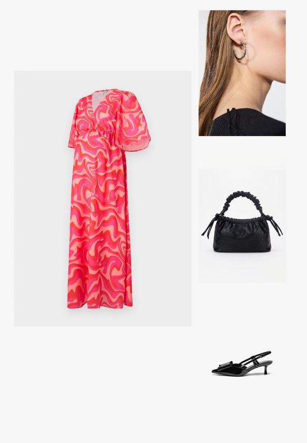 Robe maxi avec un décolleté en V profond, des manches courtes bouffantes et une taille élastique, ornée d'un motif abstrait de tourbillons roses et corail sur un tissu léger.; Talons aiguilles en cuir verni noir avec un bout pointu, un détail en nœud à l'avant et un petit talon stiletto. Les brides sont équipées de boucles ajustables.; Sac à main noir avec texture crocodile, bord supérieur froncé, poignée plissée et pompons à cordon de chaque côté sur fond blanc.; Boucle d'oreille en argent avec une finition polie, présentant de petits détails en or et de forme ronde, portée sur le lobe.