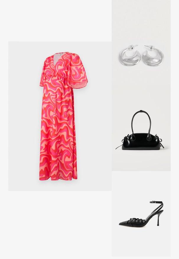 Robe maxi avec un décolleté en V profond, des manches courtes bouffantes et une taille élastique, ornée d'un motif abstrait de tourbillons roses et corail sur un tissu léger.; Chaussure à talon haut noire à bout pointu, bords festonnés, œillets métalliques, lacets à l'avant et bride de cheville avec fermeture à boucle.; Petit sac à main noir brillant avec deux longues anses et des détails à cordon sur les côtés sur un fond clair uni.; Une paire de boucles d'oreilles en croissant argenté poli avec des supports en plastique transparent sur une surface blanche.