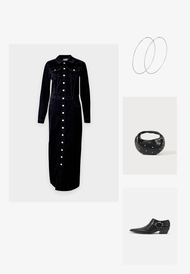 Vestido de mezclilla negro, de mangas largas, con cierre de botones en la parte delantera, cuello, dos bolsillos en el pecho y bolsillos laterales, con acentos de botones plateados.; Botas de cuero negras hasta el tobillo con puntera puntiaguda, que presentan una correa de cuero en la parte delantera y un detalle de hebilla plateada, además de un tacón bajo y cuadrado.; Bolso de mano de cuero negro con forma redondeada, decorado con detalles de tachuelas plateadas y un asa corta. Textura lisa y cierre con cremallera.; Pendientes de aro plateados con un diseño minimalista. Forma circular, textura suave y perfil delgado. Livianos con un acabado pulido.