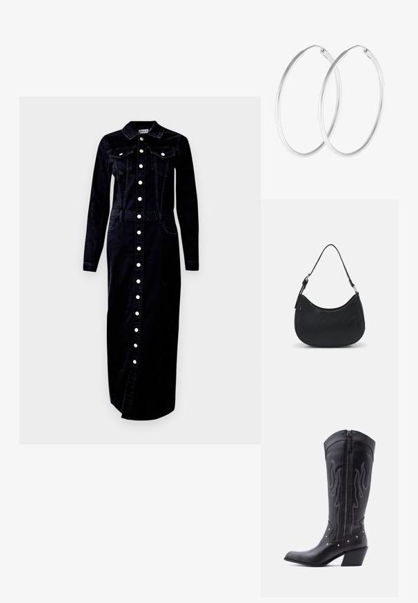 Vestido de mezclilla negro, de mangas largas, con cierre de botones en la parte delantera, cuello, dos bolsillos en el pecho y bolsillos laterales, con acentos de botones plateados.; Botas vaqueras de cuero negro con puntera puntiaguda, costuras visibles, detalles de tachuelas plateadas y cierre de cremallera en el lado interior.; Bolso hobo negro hecho de cuero suave con una silueta curva, que cuenta con una sola correa ajustable y detalles de diseño minimalistas.; Pendientes de aro en tono plateado con forma redonda y un acabado pulido. Ambos pendientes son del mismo tamaño y cuentan con un mecanismo de cierre seguro.