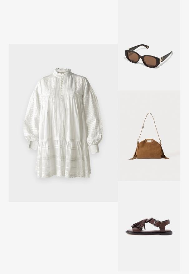 Vanessa Bruno DIANE - Robe de jour - blanc; Sandale en cuir marron avec bride autour de la cheville, boucle argentée, semelle plate noire et décoration à pompon sur la bride avant.; Lunettes de soleil en écaille brune avec des verres rectangulaires, des accents en métal doré aux tempes et des branches noires épurées.; Sac à main en daim marron avec poignée découpée en haut, longue bandoulière réglable et franges de chaque côté.