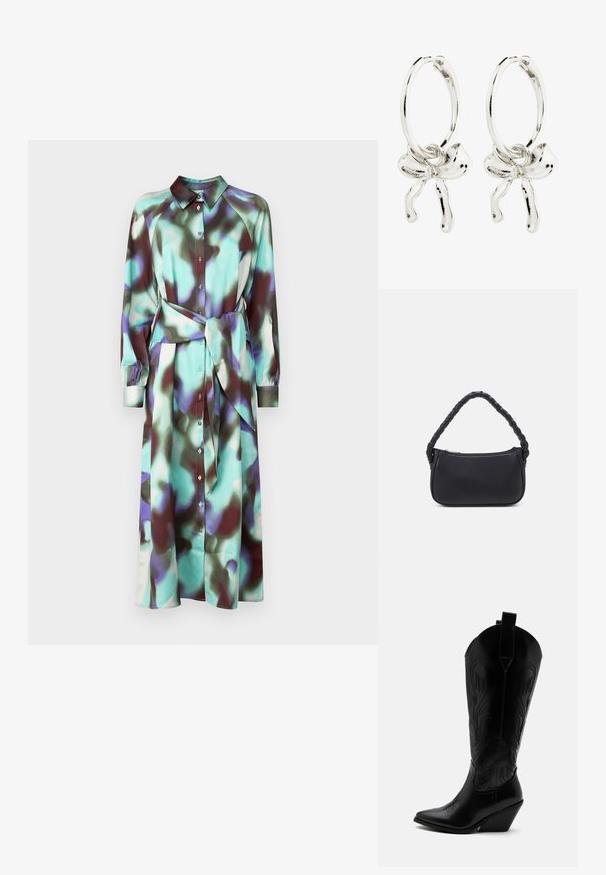 Vestido camisetero de manga larga con cuello, patrón abstracto multicolor en tonos aguamarina y burdeos, presenta botones y un cinturón a juego.; Bota de vaquero de cuero negro con punta puntiaguda, tacón bloqueado inclinado, costuras decorativas y lengüetas en la parte superior sobre fondo blanco.; Bolso negro de forma redondeada, hecho de material liso. Presenta un asa trenzada y un cierre de cremallera para un almacenamiento seguro.; Pendientes de aro de plata con un detalle de lazo en el centro, que exhiben un acabado pulido y una textura suave.