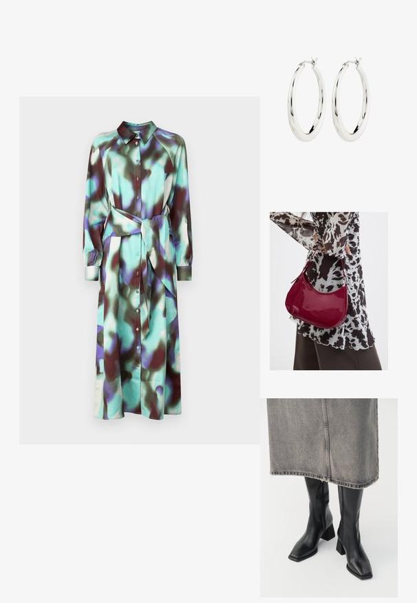 Langarm jurk met een kraag, meerkleurig abstract patroon in teal en bordeaux, voorzien van knopen en een bijpassende riem.; Zwarte laarzen tot de knie van soepel leer met een vierkante neus en blokhak. Draag ze met een grijze denim rok met een rafelige zoom.; Vrouw met een zwart-wit gebloemde blouse houdt een glanzende rode schoudertas vast tegen een effen achtergrond.; Zilveren oorbellen in de vorm van een gladde, glanzende ring. Circulaire vorm, voorzien van een veilige sluiting. Eenvoudig en elegant ontwerp.