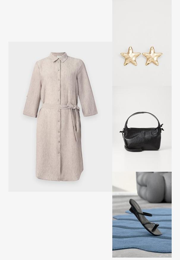 Lys beige linned skjortekjole med krave, lange ærmer, knaplukning foran og et matchende bælte. Har en enkelt brystlomme.; Sort sandal med remme og tå-loop vist på et blåt tekstureret tæppe, med en stor grå dekorativ genstand sløret i baggrunden.; Sort læderhåndtaske med et struktureret design, rund tophåndtag og aftagelig skulderrem. Den har en glat tekstur og en subtil glans.; Guldstjernede øreringe med en glat, skinnende finish og tredimensionelt design, der har fem spidser og en let buet overflade.