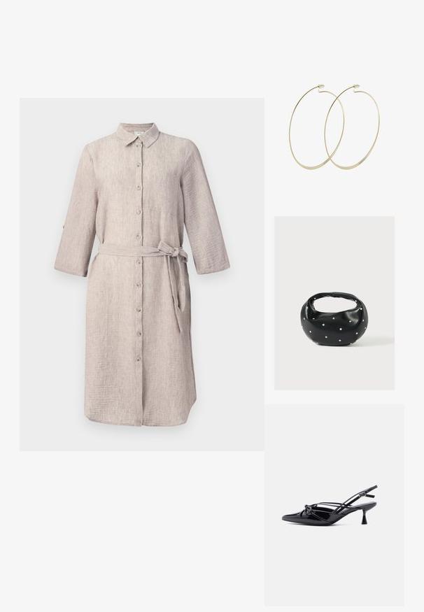 Vestido de camisa de lino color beige claro con cuello, mangas largas, cierre de botones en la parte delantera y un cinturón a juego. Cuenta con un bolsillo en el pecho.; Zapato de salón slingback de charol negro con punta afilada, tacón bajo tipo kitten, y detalle decorativo de lazo anudado en la parte delantera.; Bolso de mano de cuero negro con forma redondeada, decorado con detalles de tachuelas plateadas y un asa corta. Textura lisa y cierre con cremallera.; Pilgrim Pendientes - gold-coloured