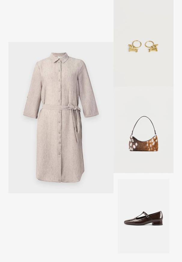 Vaalean beige pellavapuseromekko, jossa on kaulus, pitkät hihat, napitettava etuosa ja yhteensopiva vyö. Mekossa on yksi rintatasku.; Ruskeat patenttinahkaiset Mary Jane -kengät, joissa on pyöreä kärki, leikkauskuvio ja säädettävä remmi. Alhainen lohkokorko.; Olkalaukku, jossa on ruskeavalkoista täplikkäätä tekoturkkia ja ohut musta hihna, esitetty valkoisella taustalla.; Pienet kultaiset renkaanmuotoiset korvakorut, joissa roikkuu mäyräkoiran muotoinen koriste valkoisella taustalla.