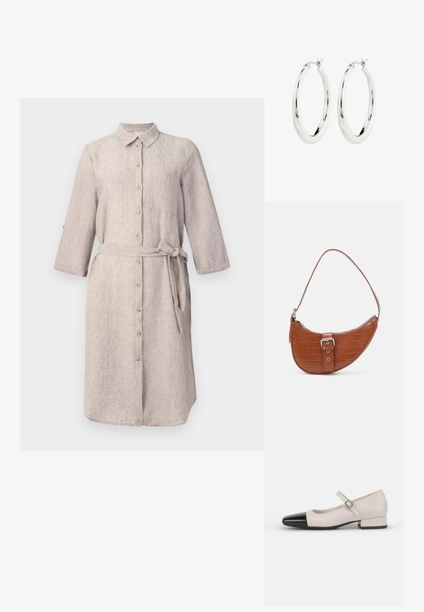 Vestido de camisa de lino color beige claro con cuello, mangas largas, cierre de botones en la parte delantera y un cinturón a juego. Cuenta con un bolsillo en el pecho.; Zapato estilo Mary Jane en cuero crema con puntera de charol negro. Presenta una punta redonda, tirante en el tobillo con una hebilla cuadrada y un tacón bajo y cuadrado.; Vero Moda VMKYRA SHOULDER BAG - Bolso de mano - cognac; Pendientes de aro de plata con un acabado suave y brillante. Forma circular, con un cierre seguro. Diseño sencillo y elegante.