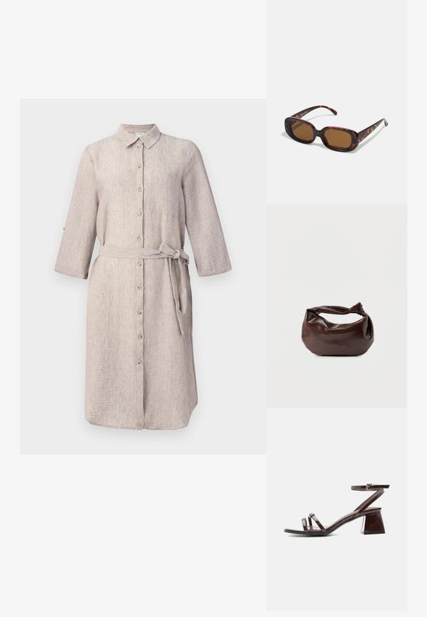 Hellbeige Leinenhemdkleid mit Kragen, langen Ärmeln, Knopfleiste und passendem Gürtel. Es hat eine einzelne Brusttasche.; Dunkelbraune Sandale aus Lackleder mit Blockabsatz, Knöchelriemen mit Schnalle und zwei dünnen Riemen über den Zehen auf weißem Hintergrund.; Sonnenbrille im Schildpatt-Muster mit rechteckiger Form, braunen Gläsern, glattem Kunststoffrahmen und dünnen Bügeln, die dezente tonale Muster aufweisen.; Dunkelbraune Lederschultertasche mit weicher, lockerer Form und einem gedrehten Knotengriff vor schlichtem weißem Hintergrund.