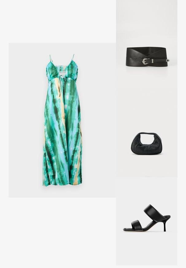 Maxi šaty s nastaviteľnými ramienkami, s tkaninou v tie-dye vzore v odtieňoch teal, zelenej a s nádychom žltej. Hladká, ľahká látka.; Čierna kožená mule sandála s dvoma širokými remienkami a úzkym, stredne vysokým ihličkovým podpätkom na jednoduchom svetlom pozadí.; Čierna tkaná kabelka hobo s mäkkou štruktúrou a integrovanou rukoväťou, zobrazená na jednoduchom svetlom pozadí.; Čierny kožený opasok so širokým dizajnom. Obsahuje dekoratívnu striebornú pracku a štruktúrovaný povrch. Nastaviteľná dĺžka s jednoduchým zapínaním.