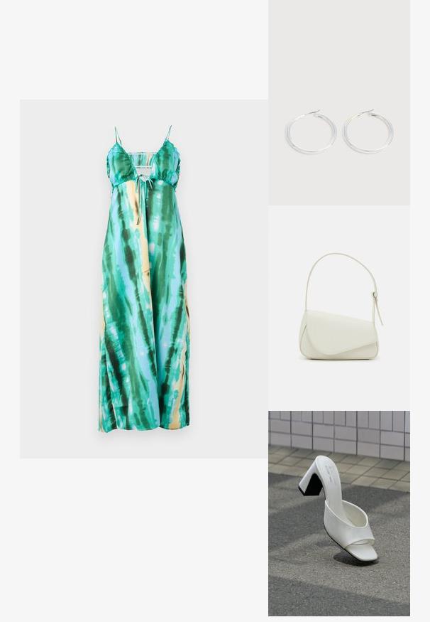 Maxikjole med justerbare spaghettistropper, der har et tie-dye mønster i teal, grøn og hints af gul. Glat, let stof.; Enkelt hvid åben tå mule med blokhæl står på grå asfalt mod en flisebelagt væg.; Hvid taske i faux læder med en struktureret trekantet form, enkelt justerbart skulderstrop og en flaplås med kurver.; Par skinnende sølvøreringe med tynde trådlåse, vist på en lys grå baggrund.