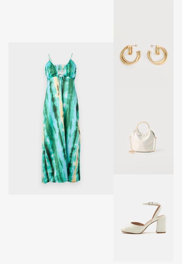 Maxi šaty s nastaviteľnými ramienkami, s tkaninou v tie-dye vzore v odtieňoch teal, zelenej a s nádychom žltej. Hladká, ľahká látka.; Biele sandále na podpätku s otvorenou špičkou a lesklým povrchom, nastaviteľným remienkom okolo členka a štvorcovým blokovým podpätkom. Hladká textura a minimalistický dizajn.; Malá biela tkaná kabelka s okrúhlym zlatým rukoväťou a zlatým retiazkátom, vystavená na neutrálnej pozadí.; Pár lesklých zlatých náušníc s dvojitou slučkou a zapínaním na puzetu na bielom pozadí.